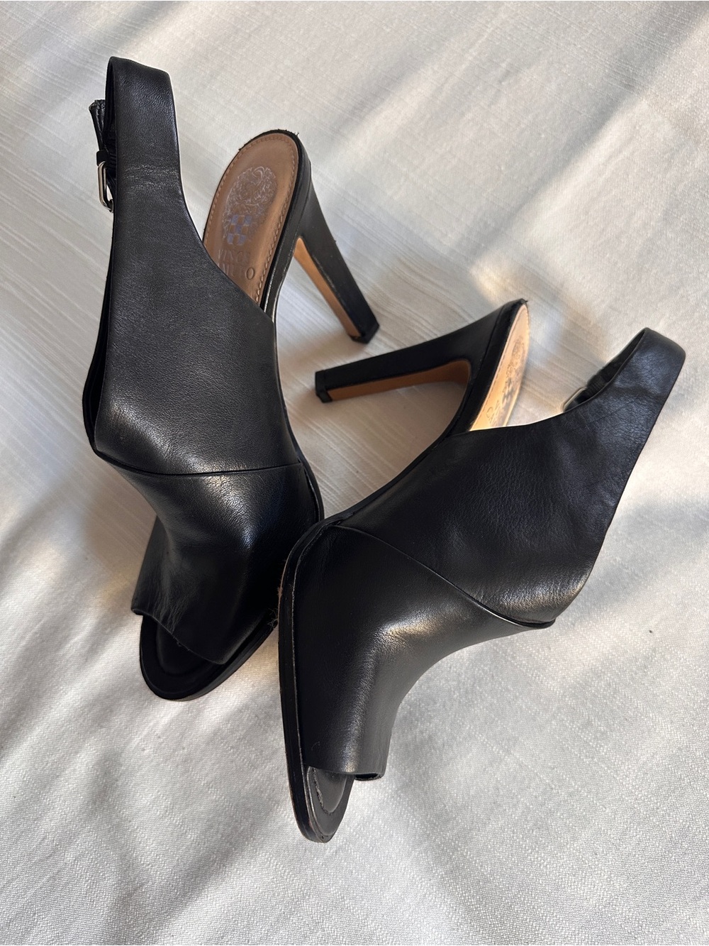 VINCE CAMUTO “Ledinla” Soft Black Leather Peep Toe Slingback Sandals | 8 - Picture 11 of 13